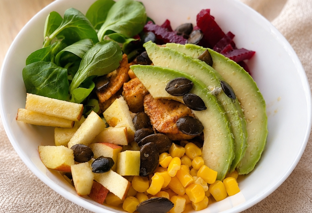 Poké bowl s kuřecím masem, jáhlemi, zeleninou a dýňovými semínky